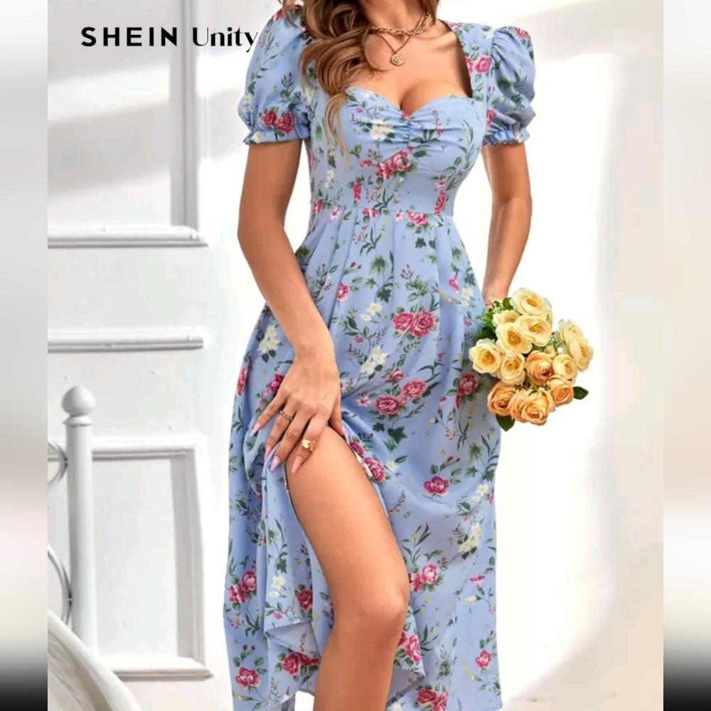 SHEIN Light Blue Floral Midi Dress with Pink Roses